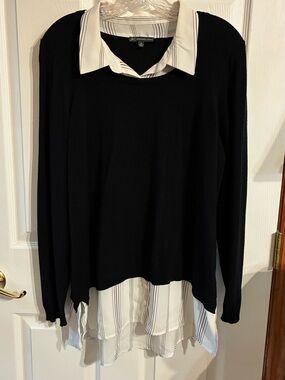 Adrianna Papell Black Knit Top with White Striped Shirt Detail